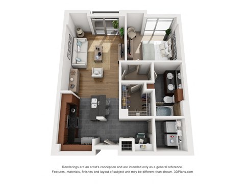 Floor plan for 1 bed, 1 bath, 974 sqft
